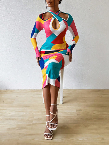 Women's Color Block Hollow Out Bodycon Dress Women's Color Block Hollow Out Bodycon Dress