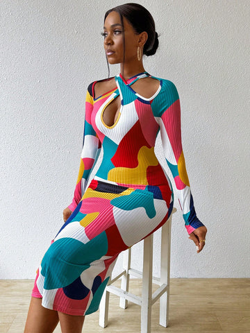 Women's Color Block Hollow Out Bodycon Dress Women's Color Block Hollow Out Bodycon Dress