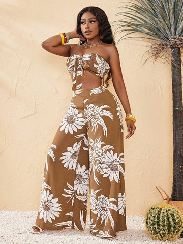 Women's Floral Printed Crop Top And Wide-Leg Pants Set Women's Floral Printed Crop Top And Wide-Leg Pants Set