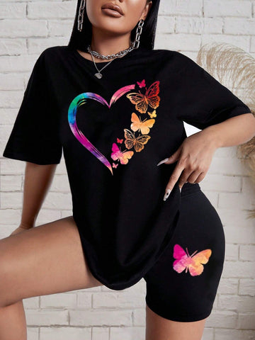 Women's Simple Butterfly & Heart Printed Short Sleeve T-Shirt And Shorts Set Women's Simple Butterfly & Heart Printed Short Sleeve T-Shirt And Shorts Set