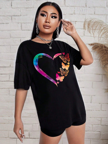 Women's Simple Butterfly & Heart Printed Short Sleeve T-Shirt And Shorts Set Women's Simple Butterfly & Heart Printed Short Sleeve T-Shirt And Shorts Set