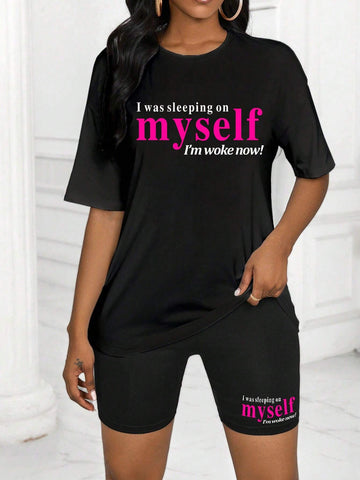 Women's Slogan Printed Drop Shoulder T-Shirt And Cycling Shorts Set Women's Slogan Printed Drop Shoulder T-Shirt And Cycling Shorts Set
