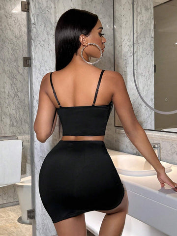 Women's Sparkle Sequin Patchwork Elastic Knit Cami Top And Skirt Set Women's Sparkle Sequin Patchwork Elastic Knit Cami Top And Skirt Set