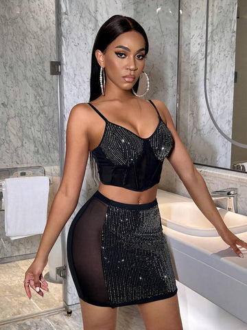Women's Sparkle Sequin Patchwork Elastic Knit Cami Top And Skirt Set Women's Sparkle Sequin Patchwork Elastic Knit Cami Top And Skirt Set