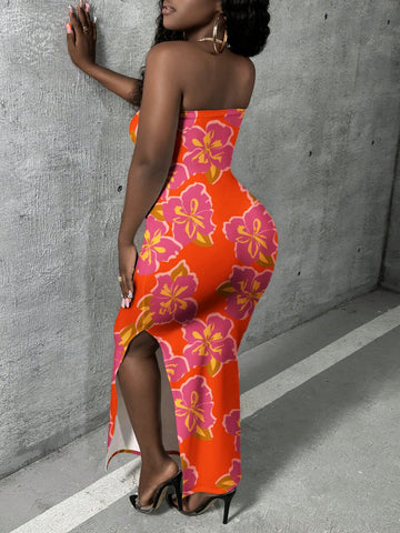 Women's Strapless Floral Dress With High Slit Women's Strapless Floral Dress With High Slit