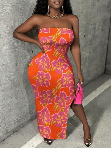 Women's Strapless Floral Dress With High Slit Women's Strapless Floral Dress With High Slit