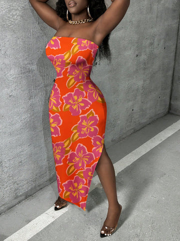 Women's Strapless Floral Dress With High Slit Women's Strapless Floral Dress With High Slit