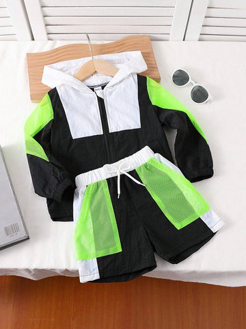 Streecool Kids 2pcs Young Girls Casual Sports All-Match Fashionable Patchwork Hollow Mesh Zipper Hoodie Jacket + Shorts Set, Suitable For Running, Sports, Outdoor, Outing, Party, Parent-Child Activities, Autumn And Summer, Breathable And Comfortable Streecool Kids 2pcs Young Girls Casual Sports All-Match Fashionable Patchwork Hollow Mesh Zipper Hoodie Jacket + Shorts Set, Suitable For Running, Sports, Outdoor, Outing, Party, Parent-Child Activities, Autumn And Summer, Breathable And Comfortable