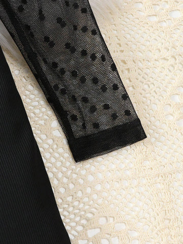 Streecool Kids Girls' Elegant Prom Party Casual Lovely Polka Dot Mesh Asymmetric Sleeve Splice Slim Fitted High Neck Black Dress Streecool Kids Girls' Elegant Prom Party Casual Lovely Polka Dot Mesh Asymmetric Sleeve Splice Slim Fitted High Neck Black Dress