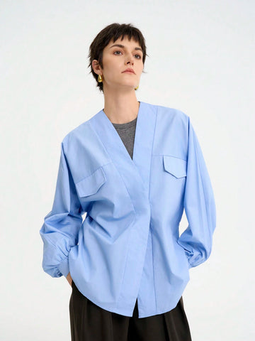 Women's Elegant Fashionable Commuting Casual Comfy Long Sleeve V-Neck Asymmetrical Loose Cotton Solid Color Blouse Women's Elegant Fashionable Commuting Casual Comfy Long Sleeve V-Neck Asymmetrical Loose Cotton Solid Color Blouse