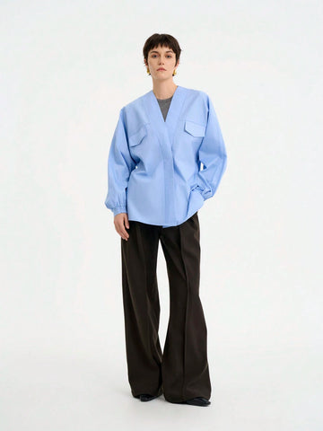 Women's Elegant Fashionable Commuting Casual Comfy Long Sleeve V-Neck Asymmetrical Loose Cotton Solid Color Blouse Women's Elegant Fashionable Commuting Casual Comfy Long Sleeve V-Neck Asymmetrical Loose Cotton Solid Color Blouse