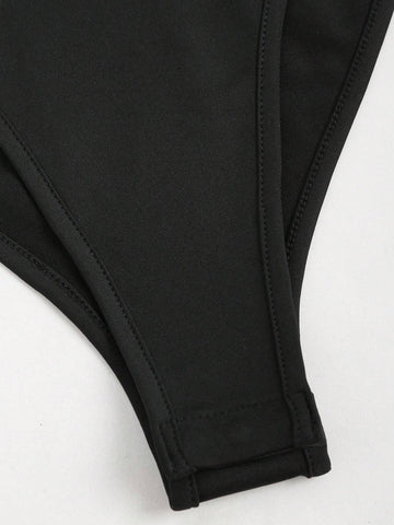 1pc Women's Solid Color Long Sleeve Sexy Cutout Twist Bodysuit, Autumn 1pc Women's Solid Color Long Sleeve Sexy Cutout Twist Bodysuit, Autumn