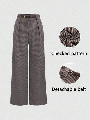 Sweetro Casual Checkered Straight-Leg Pants With Belt Sweetro Casual Checkered Straight-Leg Pants With Belt