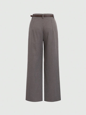 Sweetro Casual Checkered Straight-Leg Pants With Belt Sweetro Casual Checkered Straight-Leg Pants With Belt
