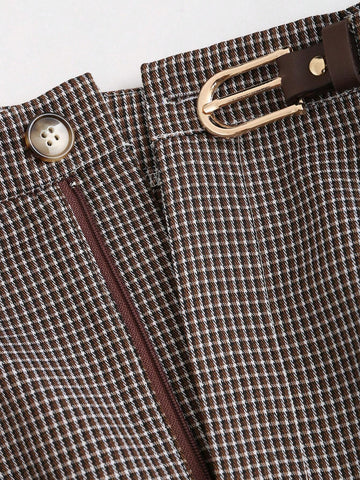 Sweetro Casual Checkered Straight-Leg Pants With Belt Sweetro Casual Checkered Straight-Leg Pants With Belt