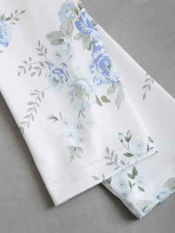 Square Neck Floral Print Asymmetric Hem Long Sleeve Bodysuit In Blue Square Neck Floral Print Asymmetric Hem Long Sleeve Bodysuit In Blue