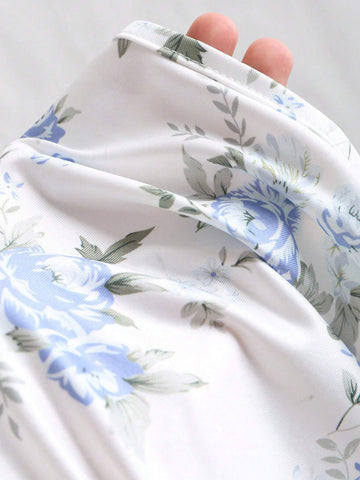 Square Neck Floral Print Asymmetric Hem Long Sleeve Bodysuit In Blue Square Neck Floral Print Asymmetric Hem Long Sleeve Bodysuit In Blue