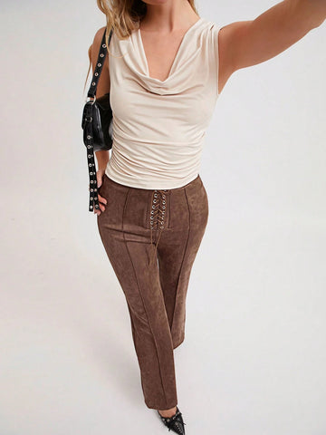 2pcs/Set Women Sexy Party Fashion Apricot Pleated Off-Shoulder Form-Fitting Sleeveless Top & Special Waist Fitted Flare Pants, Drawstring Waist, Autumn/Winter 2pcs/Set Women Sexy Party Fashion Apricot Pleated Off-Shoulder Form-Fitting Sleeveless Top & Special Waist Fitted Flare Pants, Drawstring Waist, Autumn/Winter