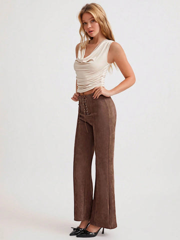 2pcs/Set Women Sexy Party Fashion Apricot Pleated Off-Shoulder Form-Fitting Sleeveless Top & Special Waist Fitted Flare Pants, Drawstring Waist, Autumn/Winter 2pcs/Set Women Sexy Party Fashion Apricot Pleated Off-Shoulder Form-Fitting Sleeveless Top & Special Waist Fitted Flare Pants, Drawstring Waist, Autumn/Winter