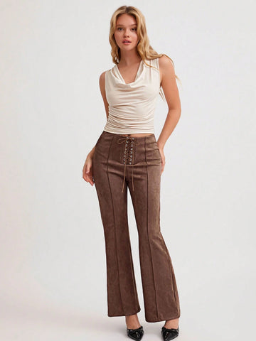 2pcs/Set Women Sexy Party Fashion Apricot Pleated Off-Shoulder Form-Fitting Sleeveless Top & Special Waist Fitted Flare Pants, Drawstring Waist, Autumn/Winter 2pcs/Set Women Sexy Party Fashion Apricot Pleated Off-Shoulder Form-Fitting Sleeveless Top & Special Waist Fitted Flare Pants, Drawstring Waist, Autumn/Winter