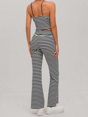 2pcs Women's Fitted Striped Camisole And Low-Waist Bell-Bottom Pants Set 2pcs Women's Fitted Striped Camisole And Low-Waist Bell-Bottom Pants Set