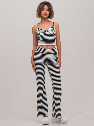 2pcs Women's Fitted Striped Camisole And Low-Waist Bell-Bottom Pants Set 2pcs Women's Fitted Striped Camisole And Low-Waist Bell-Bottom Pants Set