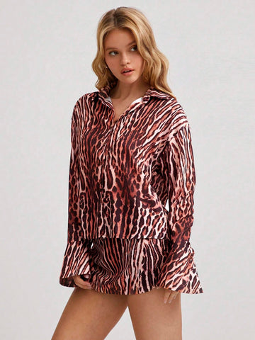 2pcs Women's Set: Leopard Print Collar Flare Sleeve Shirt & Bodycon Mini Skirt, Sexy Party Fashion In Beige Leopard Print, Autumn/Winter 2pcs Women's Set: Leopard Print Collar Flare Sleeve Shirt & Bodycon Mini Skirt, Sexy Party Fashion In Beige Leopard Print, Autumn/Winter