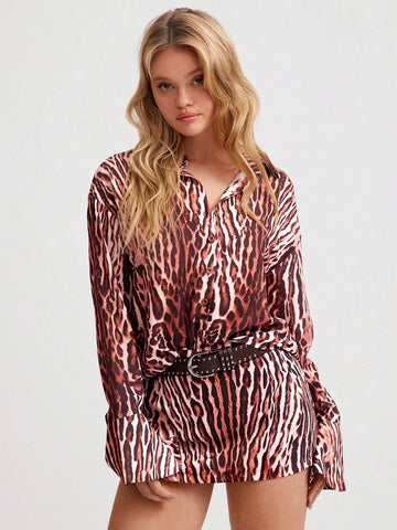 2pcs Women's Set: Leopard Print Collar Flare Sleeve Shirt & Bodycon Mini Skirt, Sexy Party Fashion In Beige Leopard Print, Autumn/Winter 2pcs Women's Set: Leopard Print Collar Flare Sleeve Shirt & Bodycon Mini Skirt, Sexy Party Fashion In Beige Leopard Print, Autumn/Winter