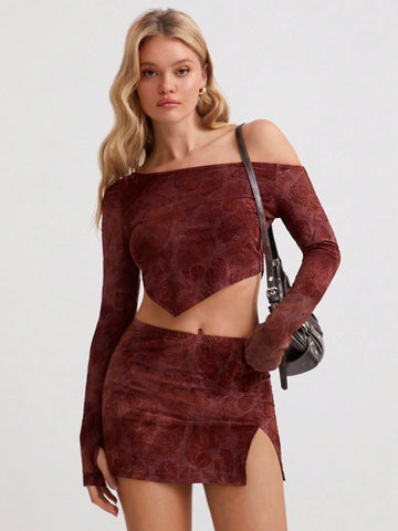 2pcs Women's Sexy Party Vintage Paisley Pattern Asymmetric Shoulder Asymmetrical Long Sleeve Top & Slit A-Line Mini Skirt Set, Autumn/Winter 2pcs Women's Sexy Party Vintage Paisley Pattern Asymmetric Shoulder Asymmetrical Long Sleeve Top & Slit A-Line Mini Skirt Set, Autumn/Winter
