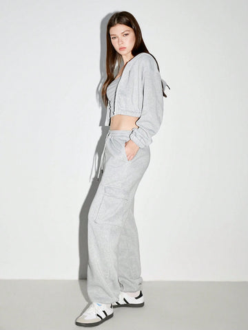 3PCS: 1 Set Women Casual Minimalist Cinched Waist Hooded Short Top And 1 Set Elastic Waist Big Pocket Embroidery Pattern Straight Pants, Autumn/Winter 3PCS: 1 Set Women Casual Minimalist Cinched Waist Hooded Short Top And 1 Set Elastic Waist Big Pocket Embroidery Pattern Straight Pants, Autumn/Winter