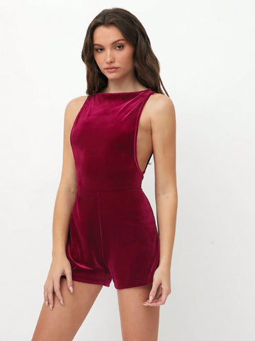 Encorlor Red Velvet Strappy Sexy Backless Romper Encorlor Red Velvet Strappy Sexy Backless Romper