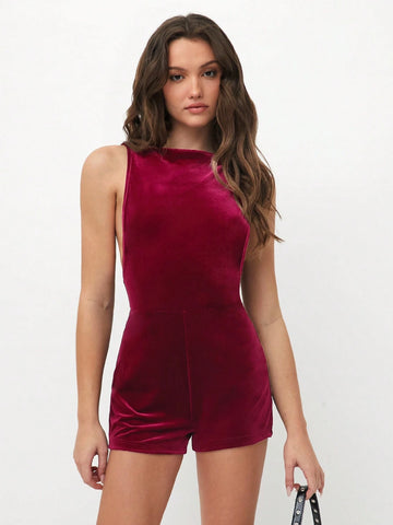 Encorlor Red Velvet Strappy Sexy Backless Romper Encorlor Red Velvet Strappy Sexy Backless Romper