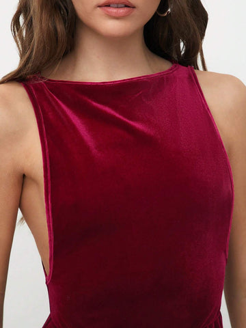 Encorlor Red Velvet Strappy Sexy Backless Romper Encorlor Red Velvet Strappy Sexy Backless Romper