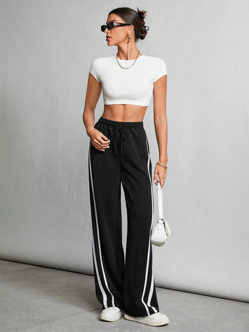 Tall Contrast Tape Drawstring Waist Gray Sweatpants Tall Contrast Tape Drawstring Waist Gray Sweatpants