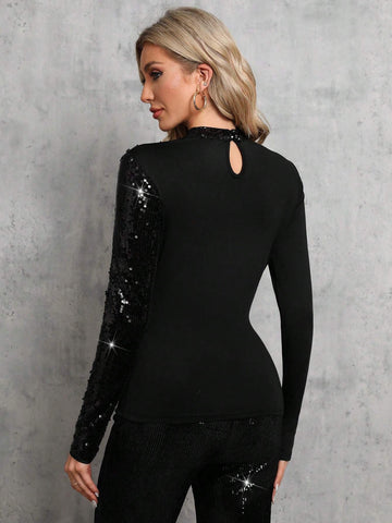 Cut Out Mock Neck Sequin Panel Tee Cut Out Mock Neck Sequin Panel Tee