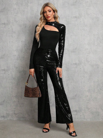 Cut Out Mock Neck Sequin Panel Tee Cut Out Mock Neck Sequin Panel Tee