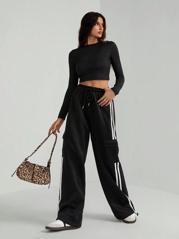 Tall Drawstring Waist Striped Side Pocket Pants Tall Drawstring Waist Striped Side Pocket Pants