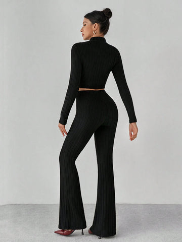 Mock Neck Crop Tee & Flare Leg Pants Back Two Piece Back Two Piece Set Mock Neck Crop Tee & Flare Leg Pants Back Two Piece Back Two Piece Set