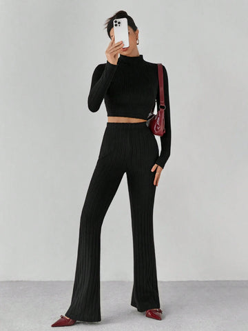 Mock Neck Crop Tee & Flare Leg Pants Back Two Piece Back Two Piece Set Mock Neck Crop Tee & Flare Leg Pants Back Two Piece Back Two Piece Set
