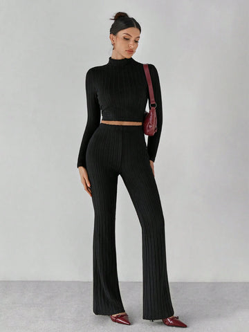 Mock Neck Crop Tee & Flare Leg Pants Back Two Piece Back Two Piece Set Mock Neck Crop Tee & Flare Leg Pants Back Two Piece Back Two Piece Set