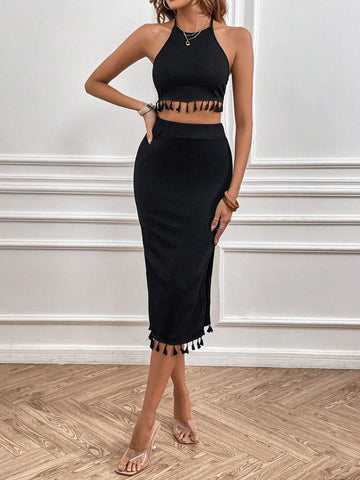 Solid Color Halter Neck Open Back Tassel Decor Top + Thigh-High Slit Skirt Set Solid Color Halter Neck Open Back Tassel Decor Top + Thigh-High Slit Skirt Set