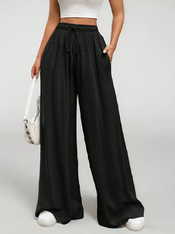 Tall Women Spring/Summer Casual Solid Color Drawstring Wide Leg Flowy Pants Tall Women Spring/Summer Casual Solid Color Drawstring Wide Leg Flowy Pants