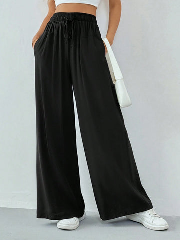 Tall Women Spring/Summer Casual Solid Color Drawstring Wide Leg Flowy Pants Tall Women Spring/Summer Casual Solid Color Drawstring Wide Leg Flowy Pants