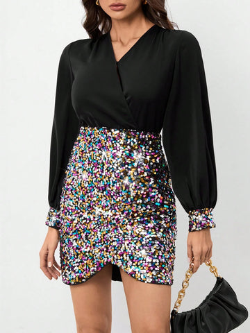 Women's Colorful Contrast Sequin Christmas Party New Year Fashion Dress, Elegant Clothes Women's Colorful Contrast Sequin Christmas Party New Year Fashion Dress, Elegant Clothes