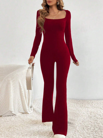 Solid Color Square Neckline Simple Flared Pants Jumpsuit Solid Color Square Neckline Simple Flared Pants Jumpsuit