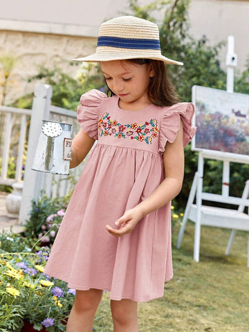 Toddler Girls Floral Embroidery Ruffle Trim Smock Dress Toddler Girls Floral Embroidery Ruffle Trim Smock Dress