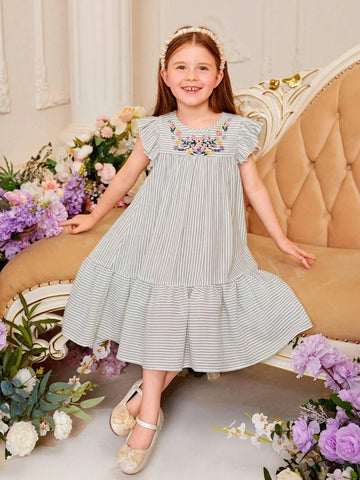 Toddler Girls Striped Print Floral Embroidery Ruffle Hem Smock Dress Toddler Girls Striped Print Floral Embroidery Ruffle Hem Smock Dress