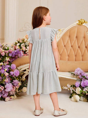 Toddler Girls Striped Print Floral Embroidery Ruffle Hem Smock Dress Toddler Girls Striped Print Floral Embroidery Ruffle Hem Smock Dress