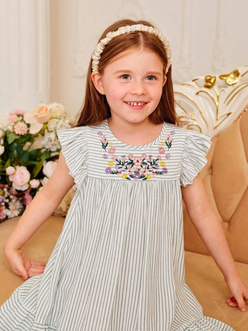 Toddler Girls Striped Print Floral Embroidery Ruffle Hem Smock Dress Toddler Girls Striped Print Floral Embroidery Ruffle Hem Smock Dress