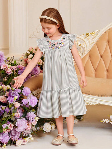 Toddler Girls Striped Print Floral Embroidery Ruffle Hem Smock Dress Toddler Girls Striped Print Floral Embroidery Ruffle Hem Smock Dress